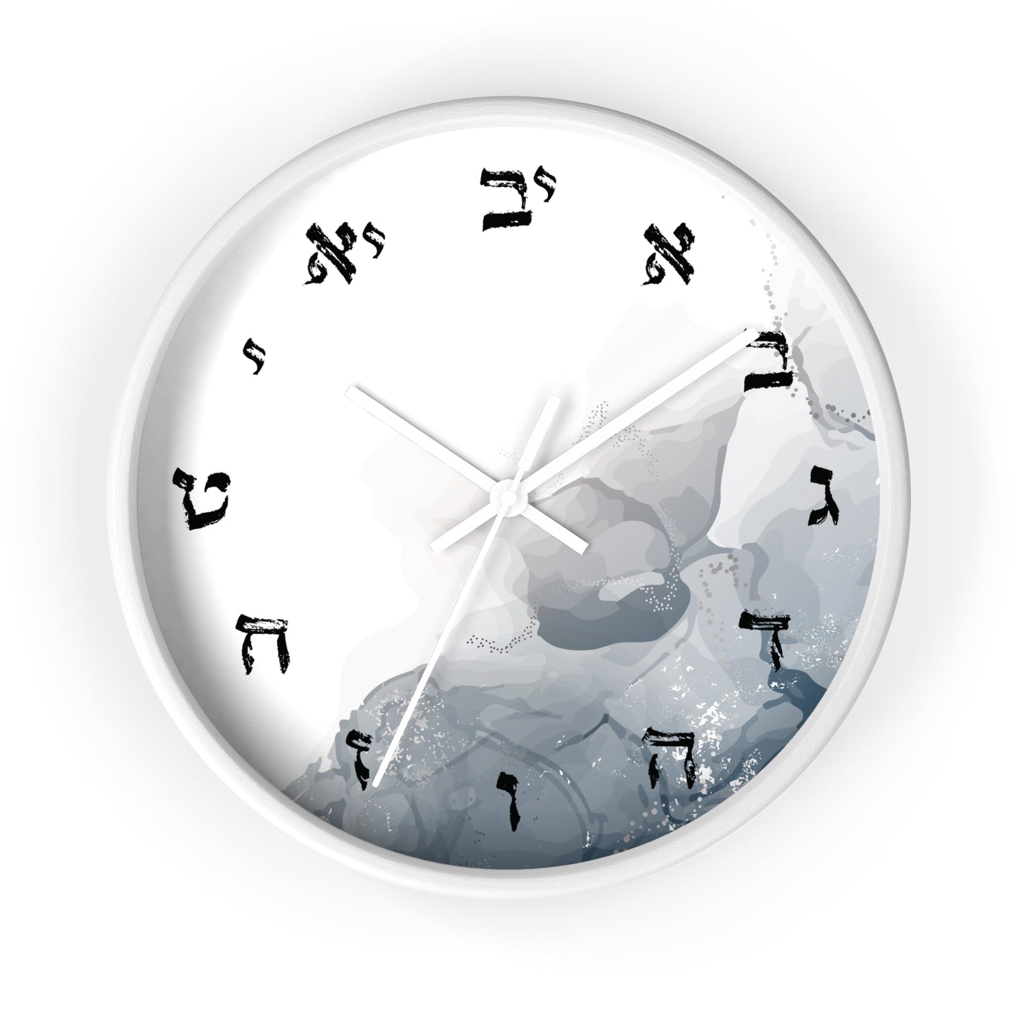 Hebrew letters wall clock with abstract print with shades of gray