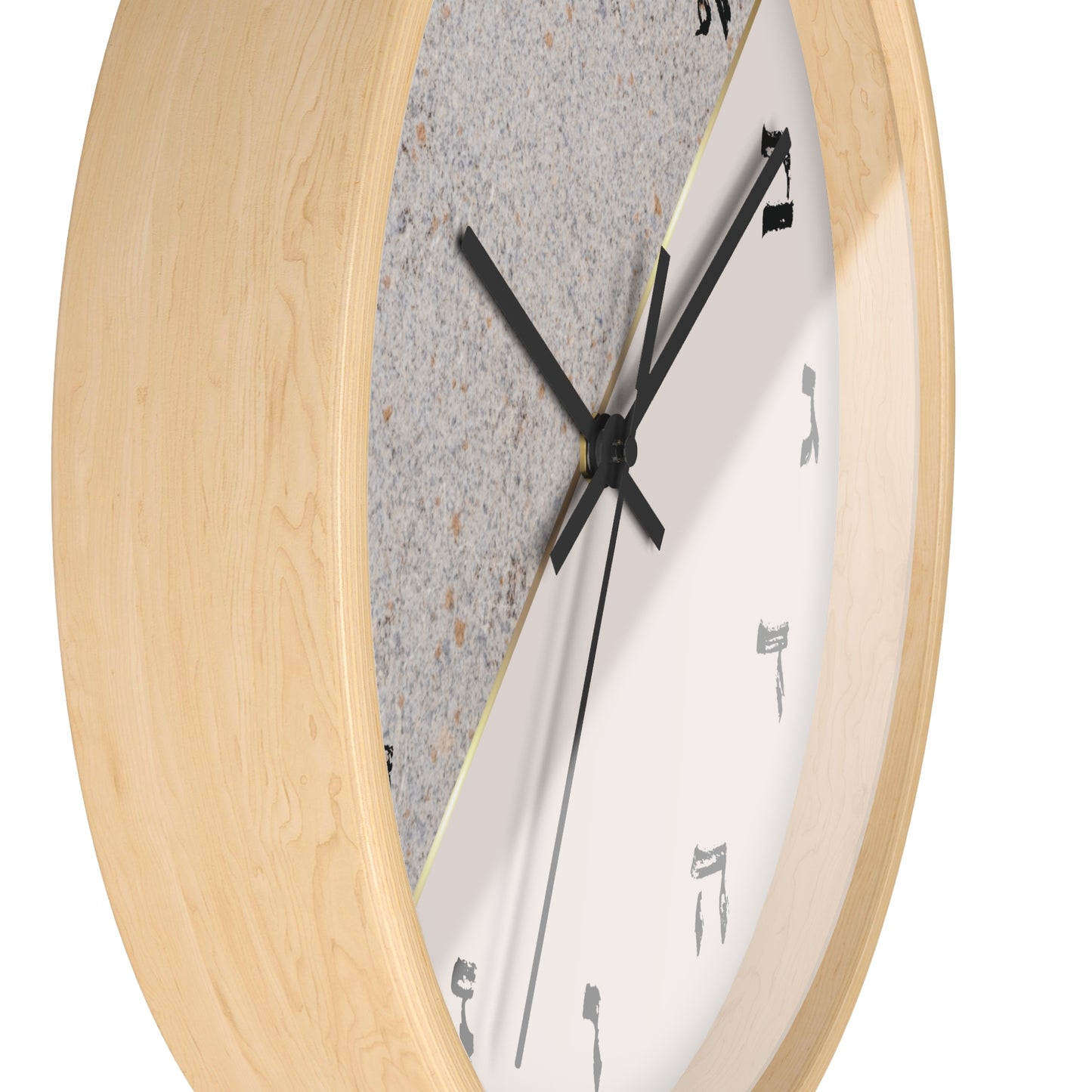 Hebrew letters wall clock with a print in shades of gray and concrete