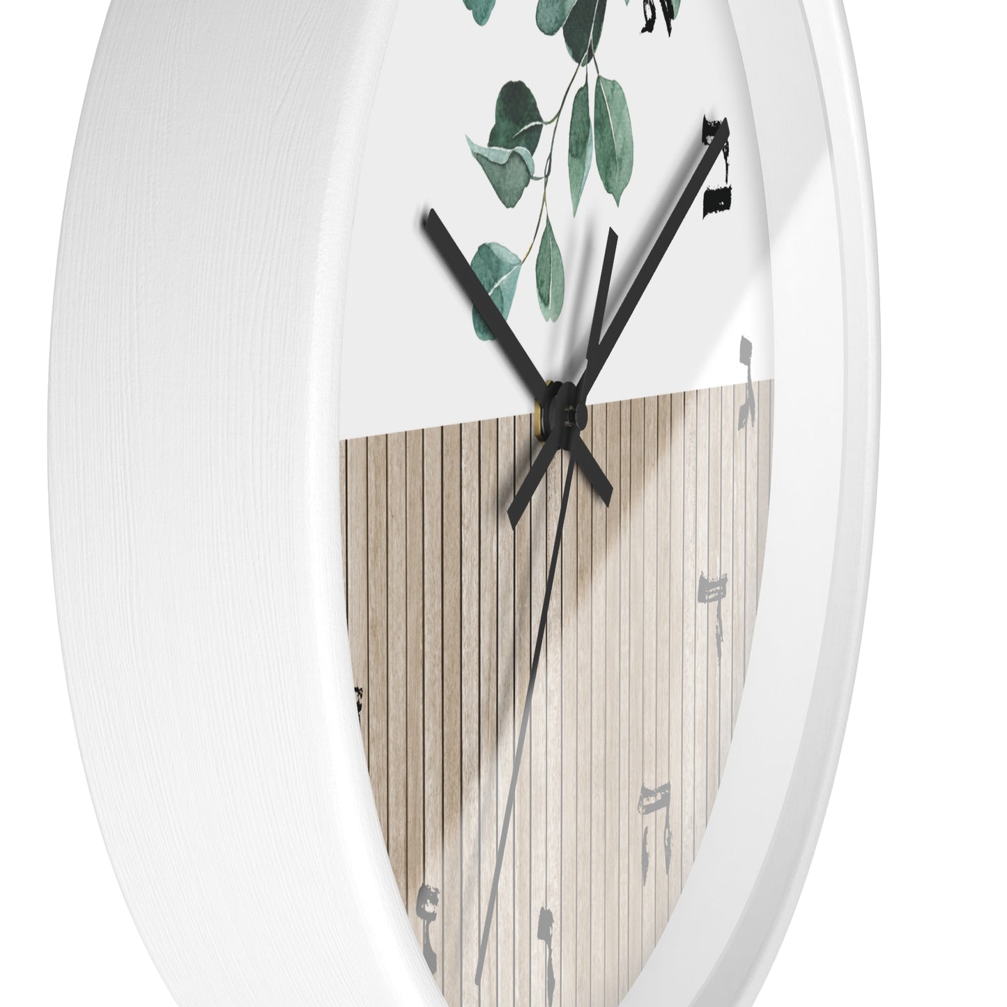 Hebrew letters wall clock with wood and leaves print