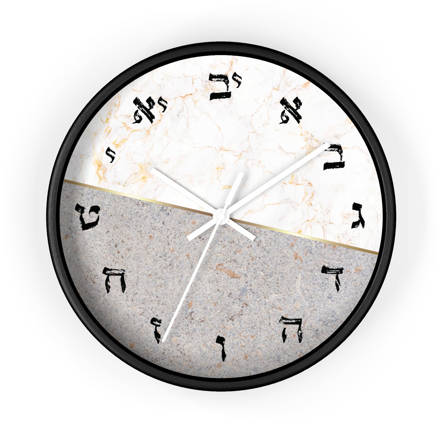 Hebrew letters wall clock black frame & white hands