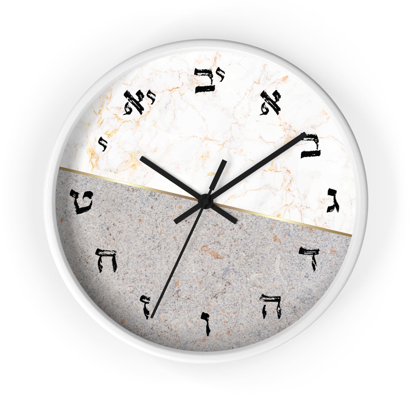 Hebrew letters wall clock white frame & black hands