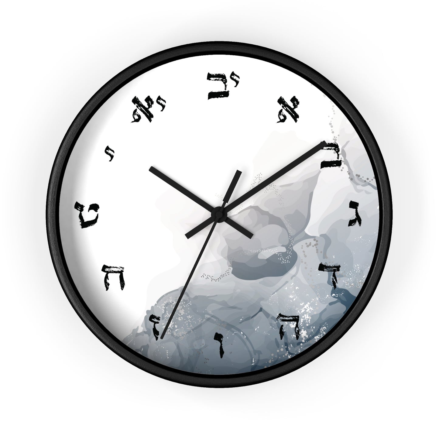 Hebrew letters wall clock with abstract print with shades of gray