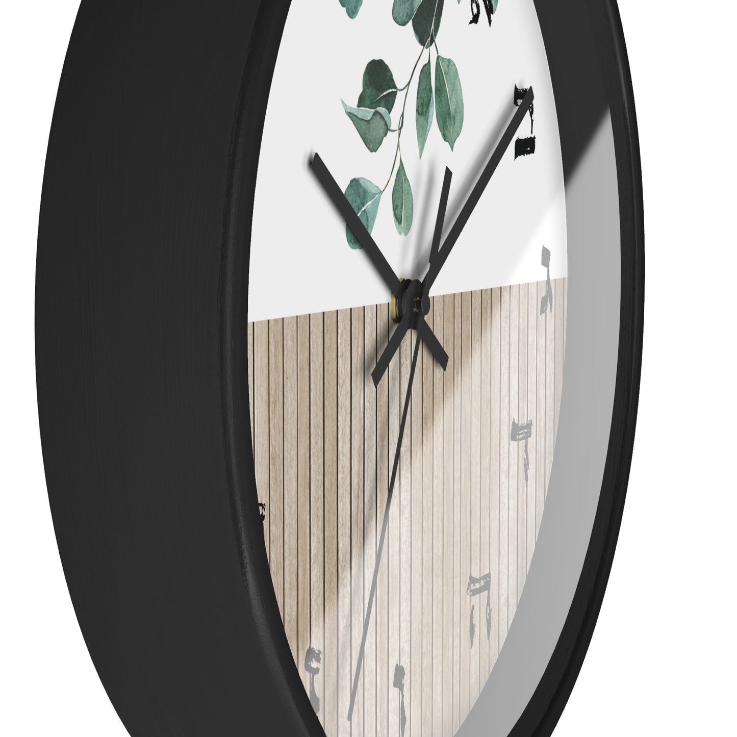 Hebrew letters wall clock with wood and leaves print