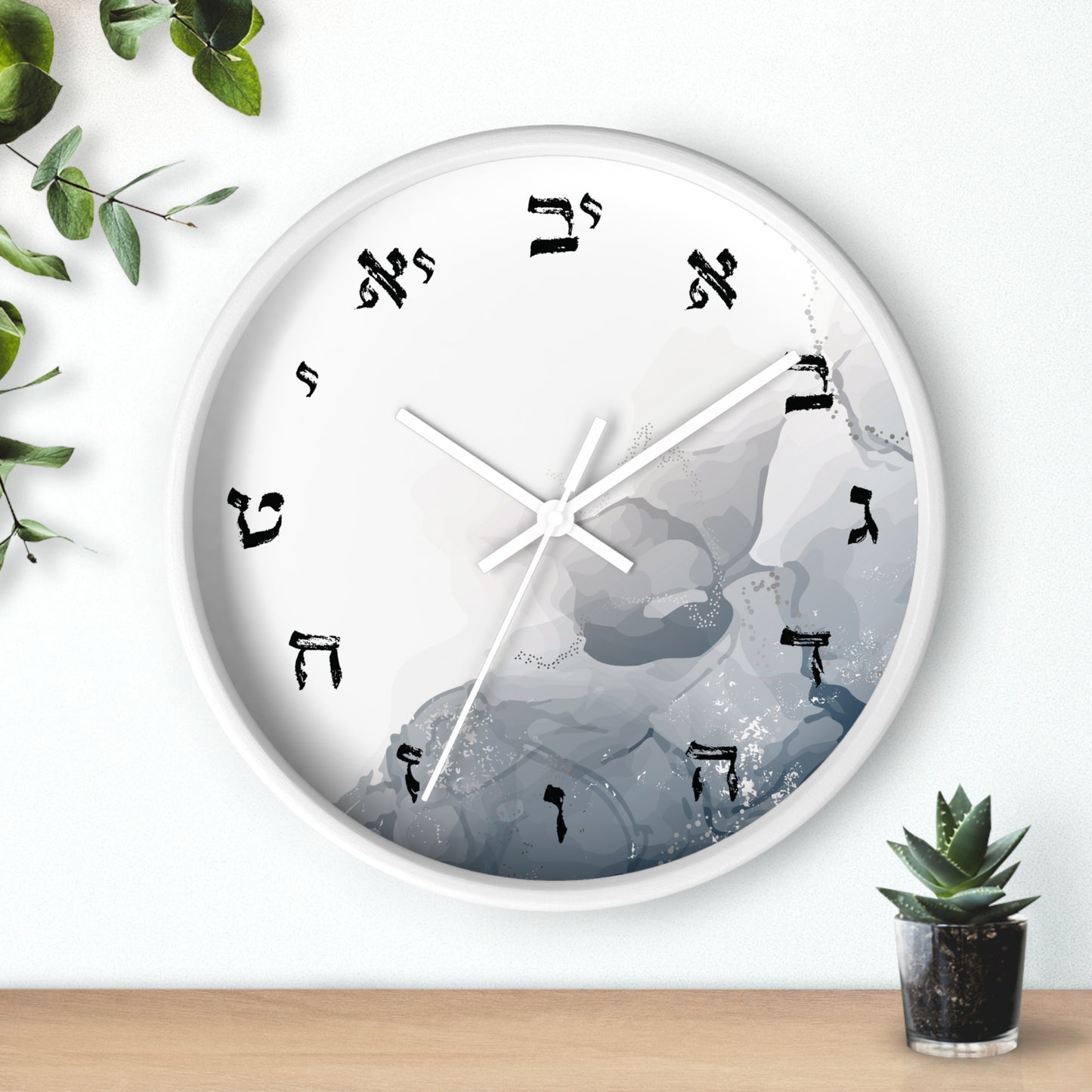 Hebrew letters wall clock with abstract print with shades of gray