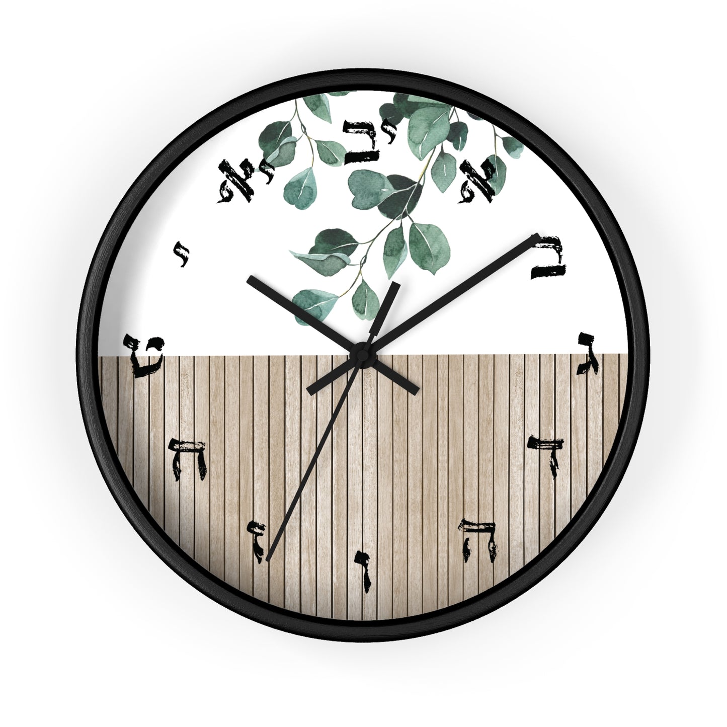 Hebrew letters wall clock with wood and leaves print