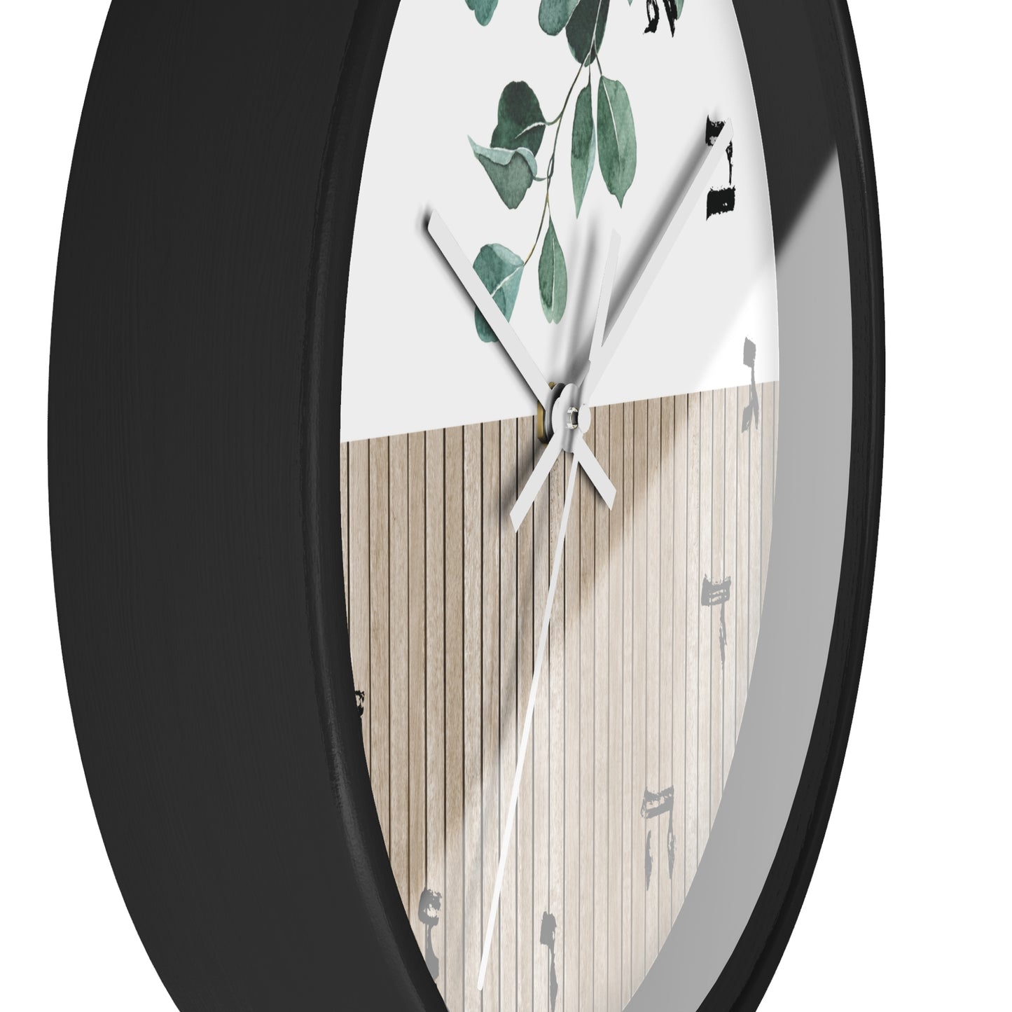 Hebrew letters wall clock with wood and leaves print