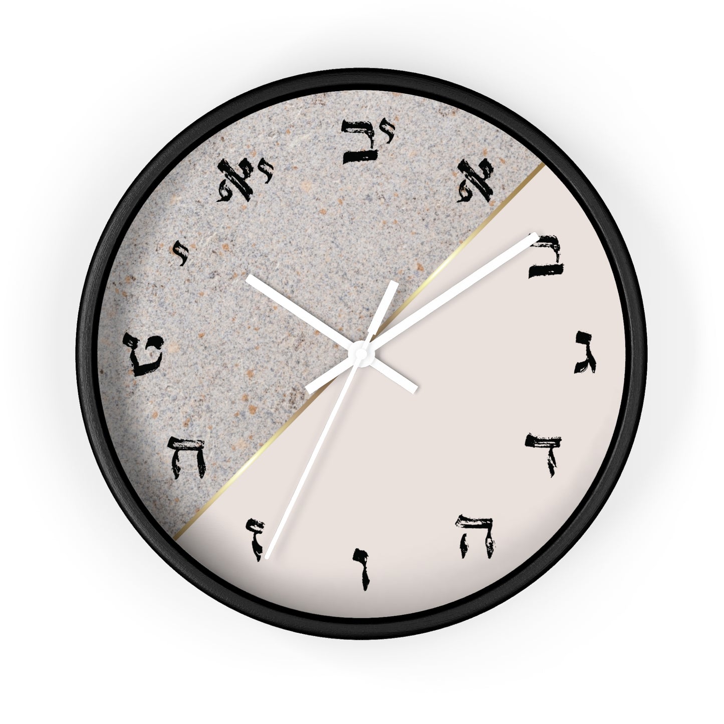 Hebrew letters wall clock with a print in shades of gray and concrete