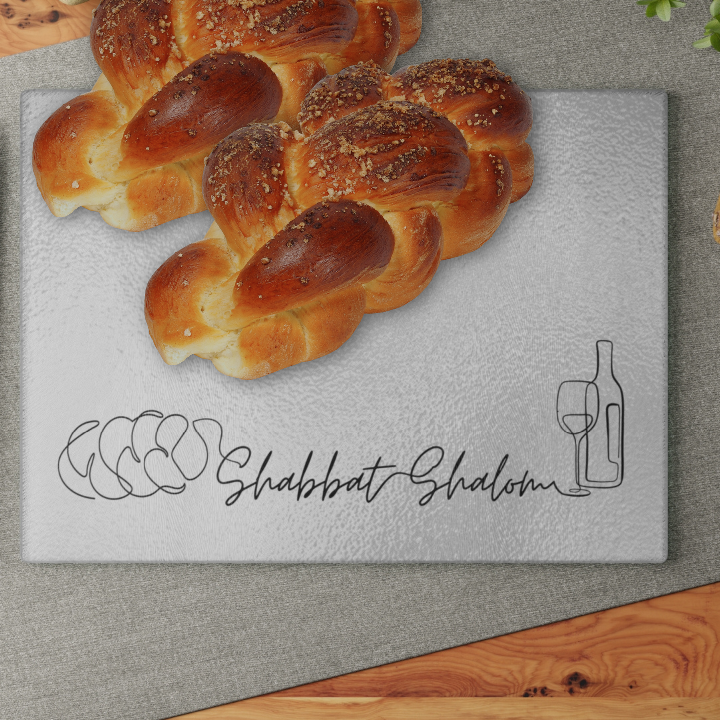 Shabbat Challah Glass Board With Shabbat Shalom Caption - Silver Shades