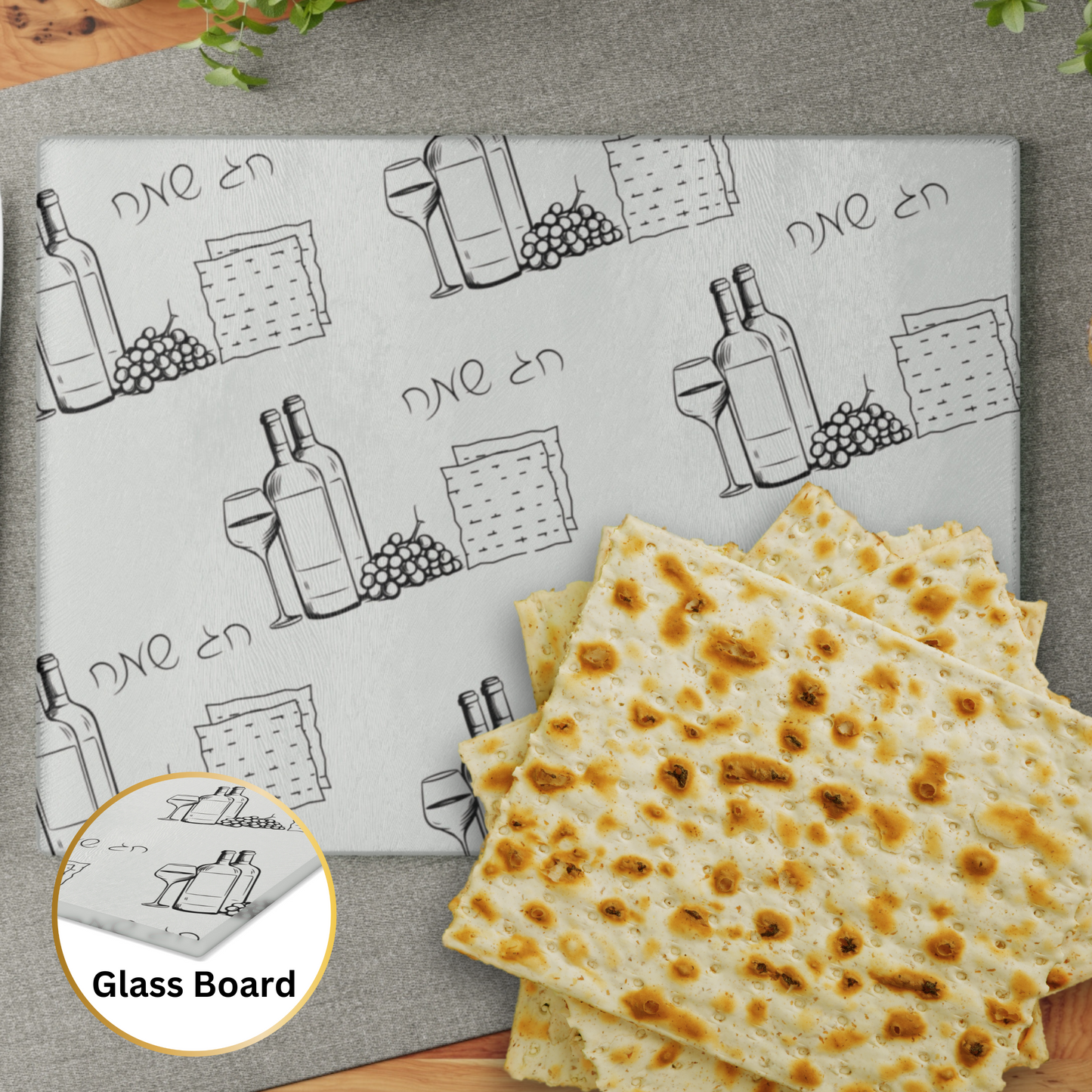 Passover Matzah Glass Board - Wine & Matzah