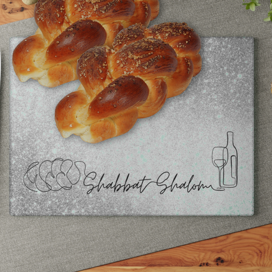 Shabbat Challah Glass Board With Shabbat Shalom Caption - Sparkle Silver Shades