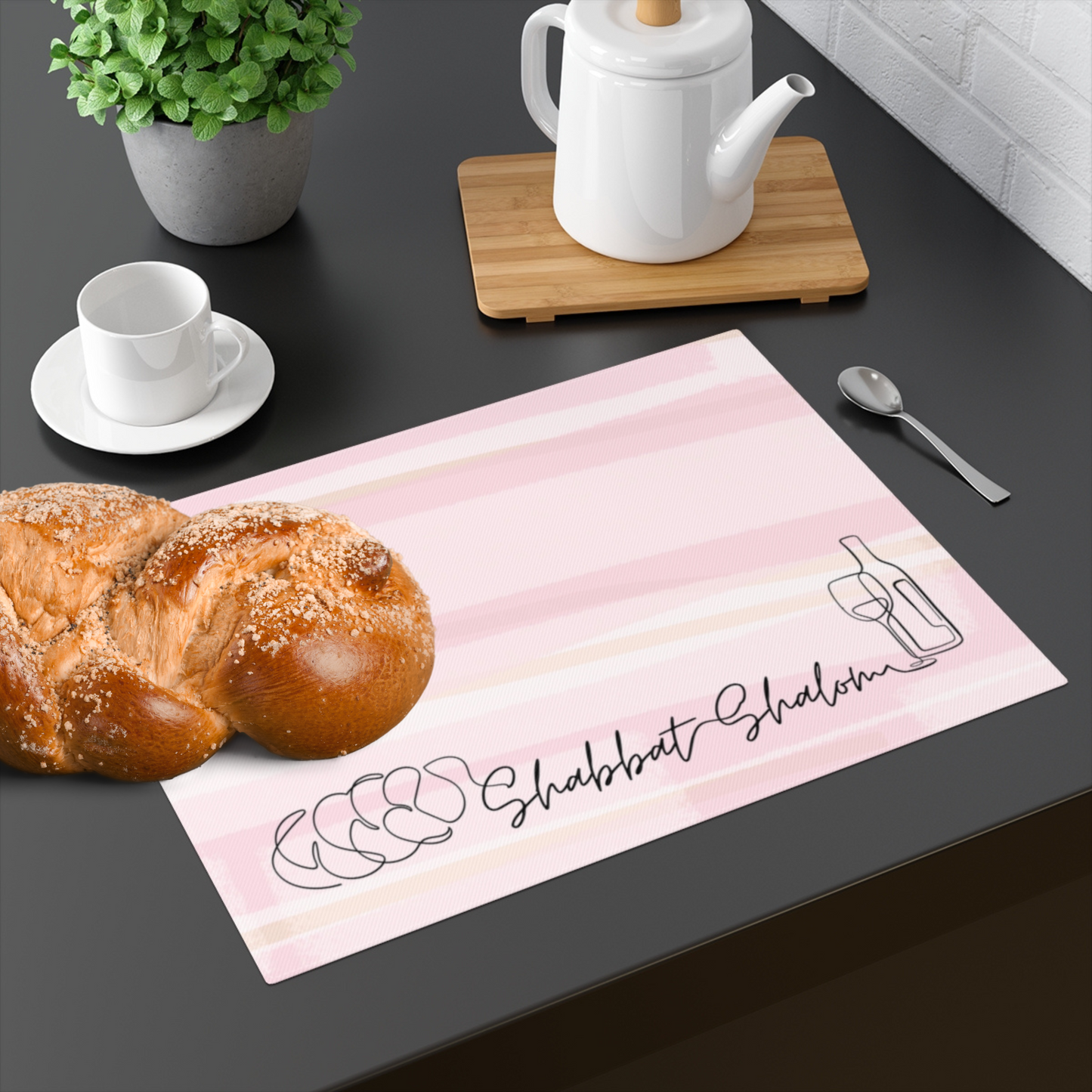 Challah cover/ placemat for Shabbat table with Shabbat Shalom caption - Pink shades