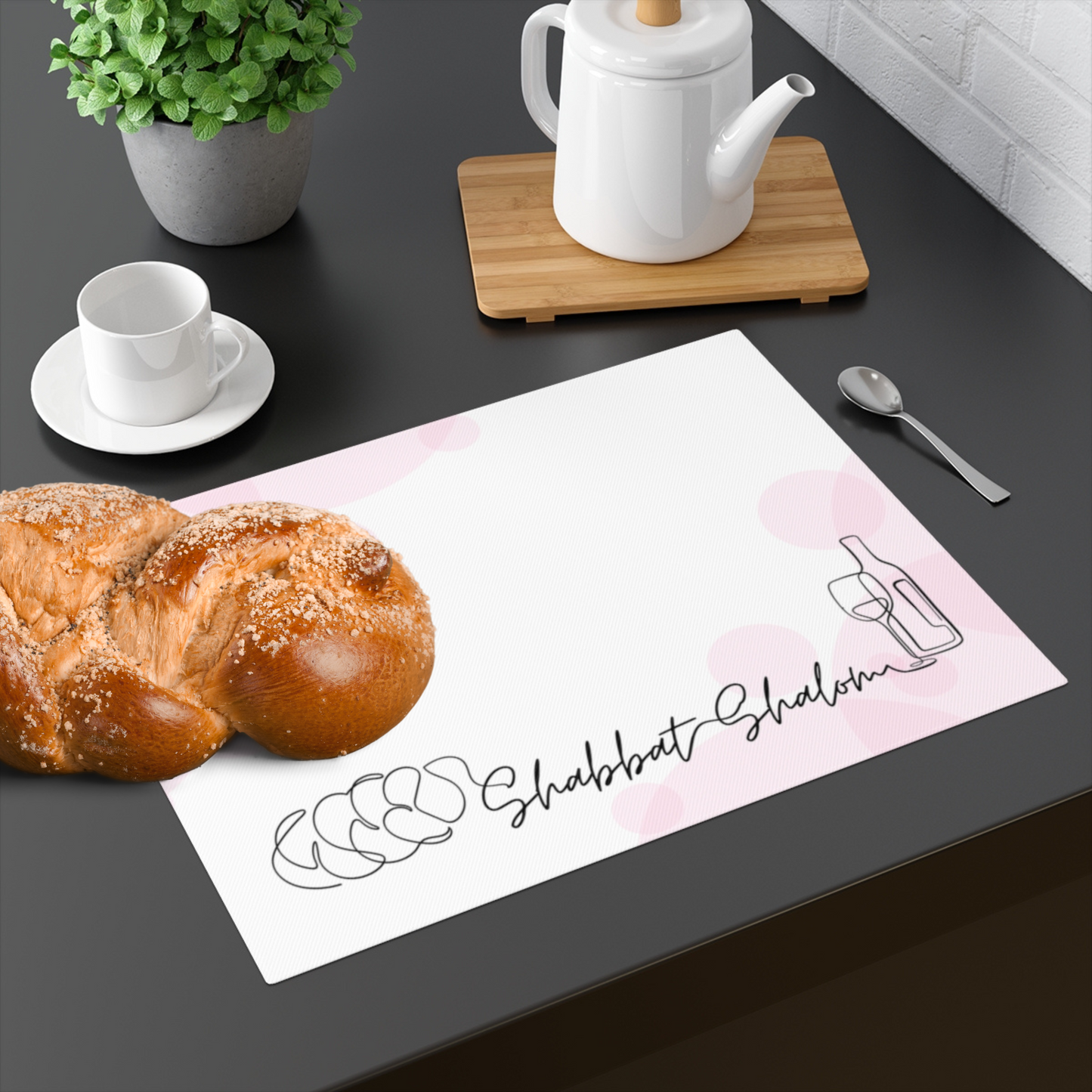 Challah cover/ placemat for Shabbat table with Shabbat Shalom caption - Pink circles