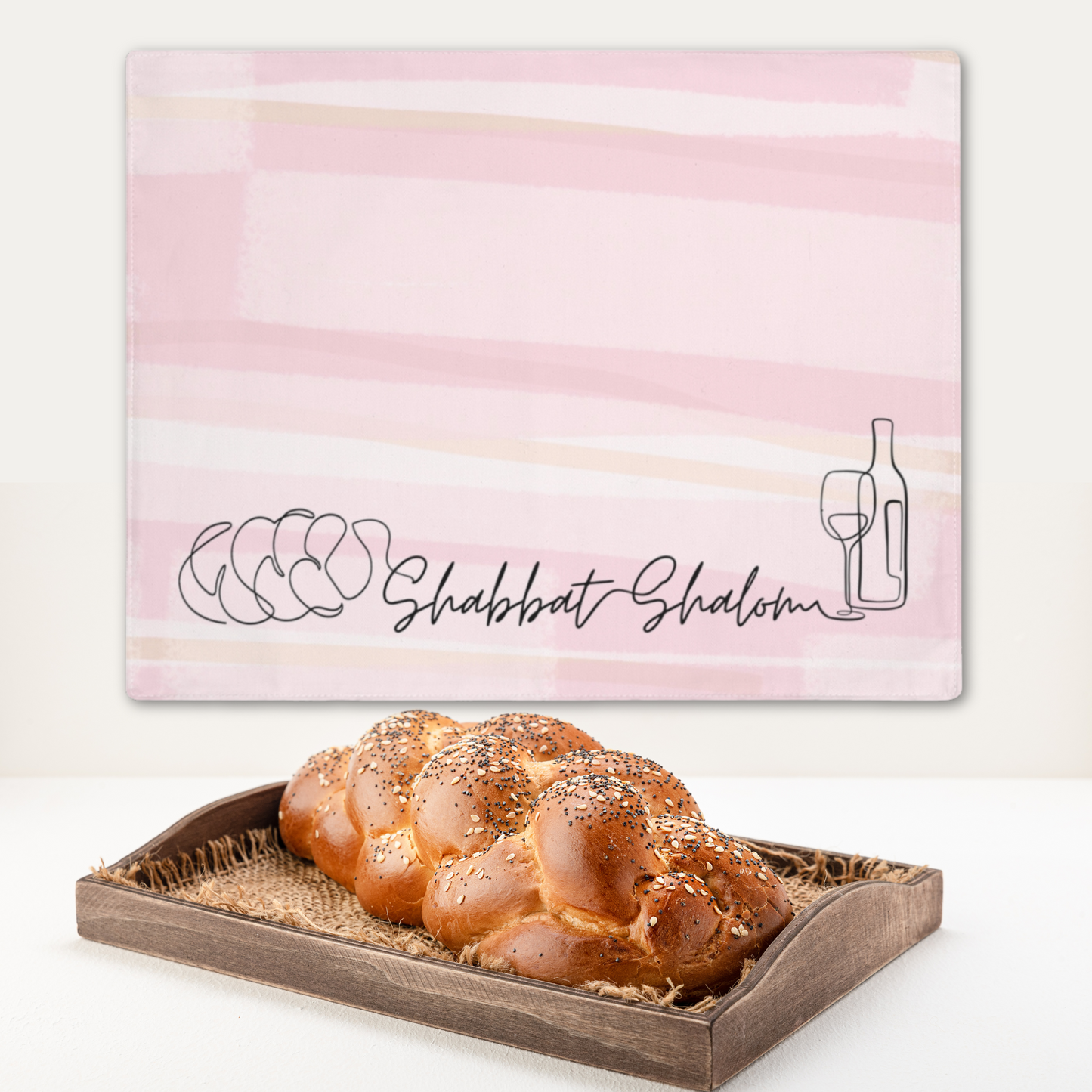 Challah cover/ placemat for Shabbat table with Shabbat Shalom caption - Pink shades