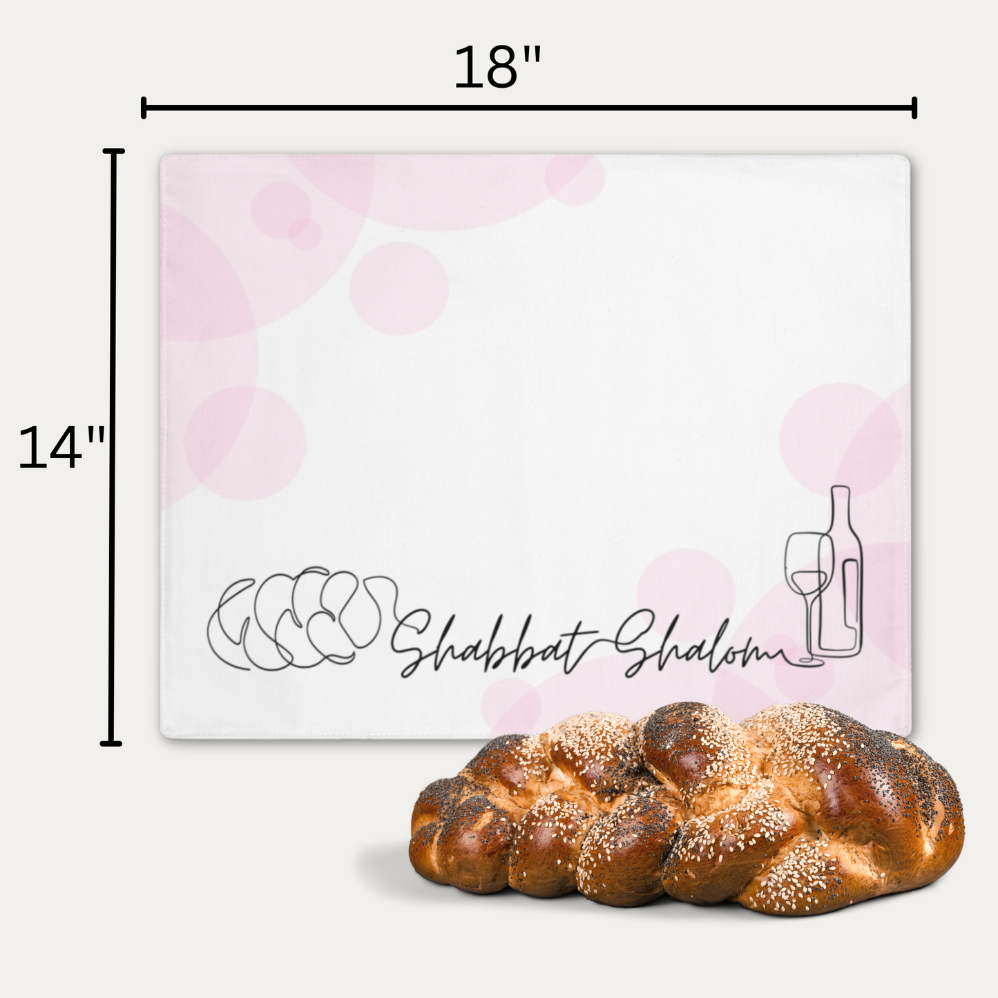 Challah cover/ placemat for Shabbat table with Shabbat Shalom caption - Pink circles
