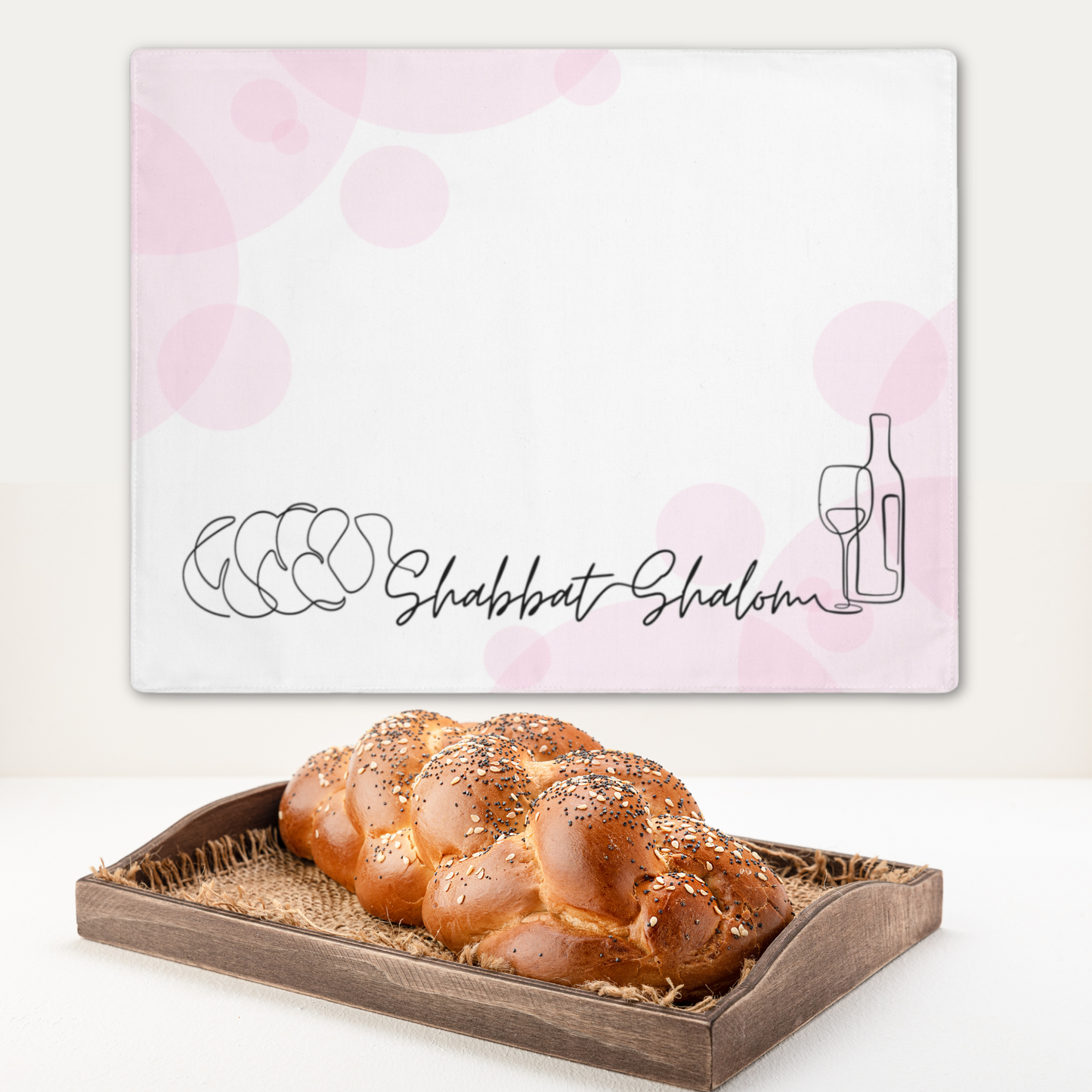 Challah cover/ placemat for Shabbat table with Shabbat Shalom caption - Pink circles