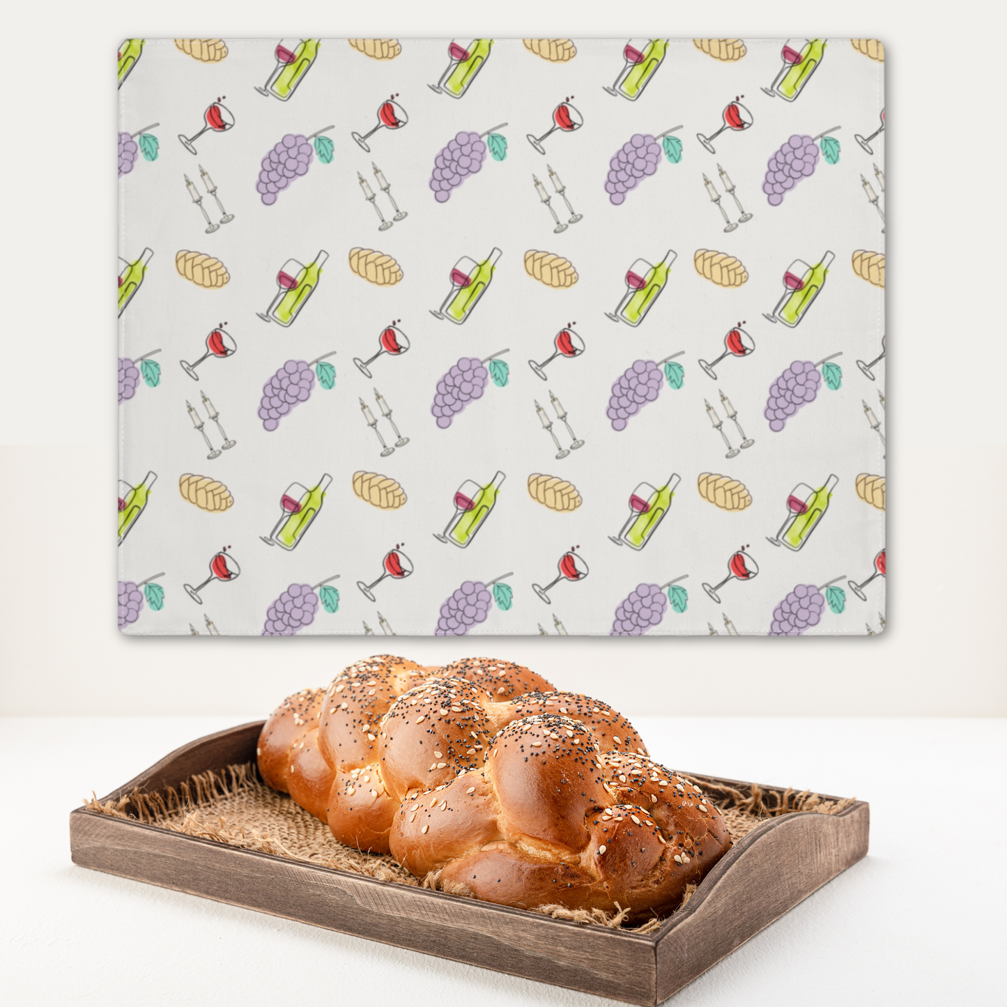 Challah cover/ placemat for Shabbat table with Shabbat illustrations