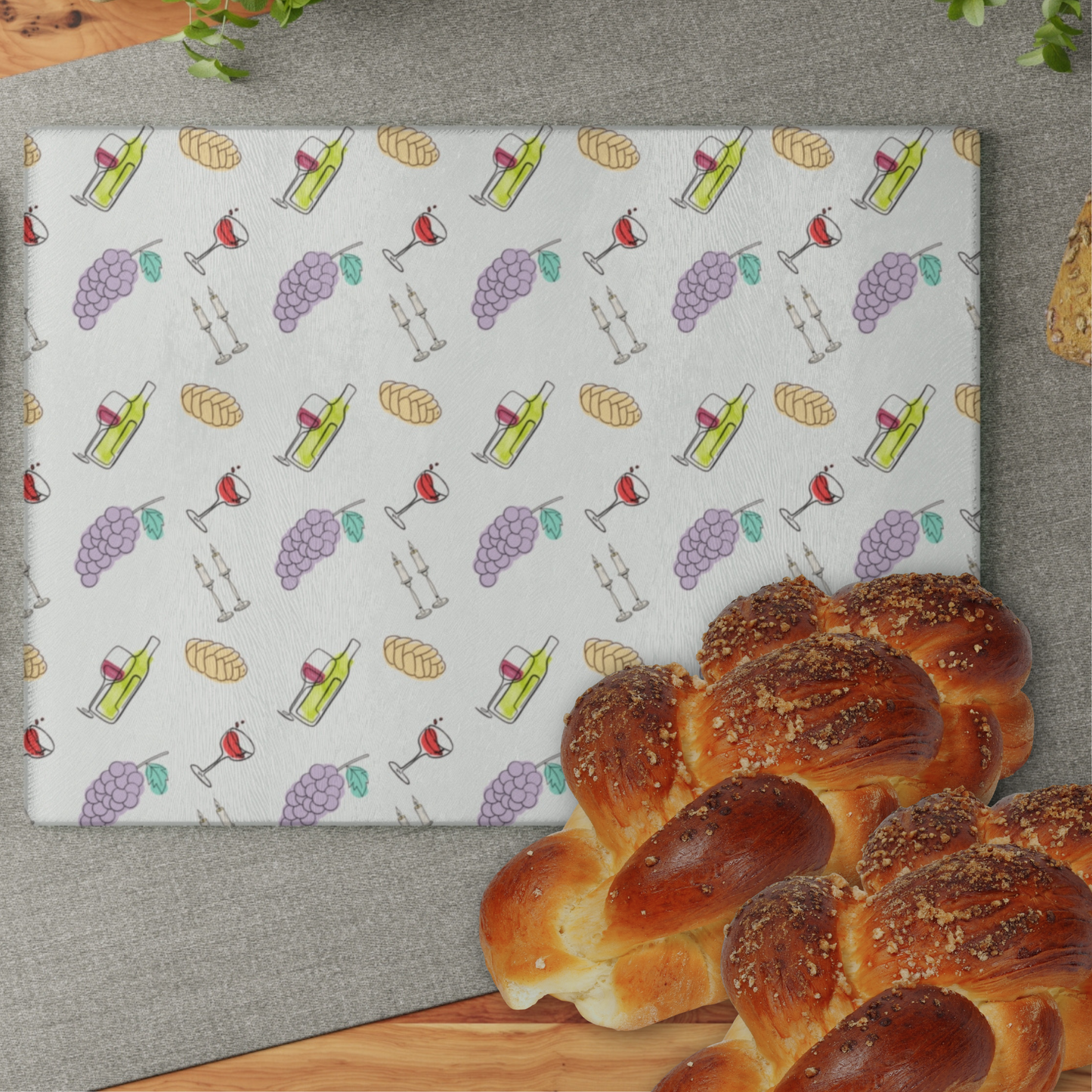 Shabbat Challah Glass Board - Shabbat Illustrations