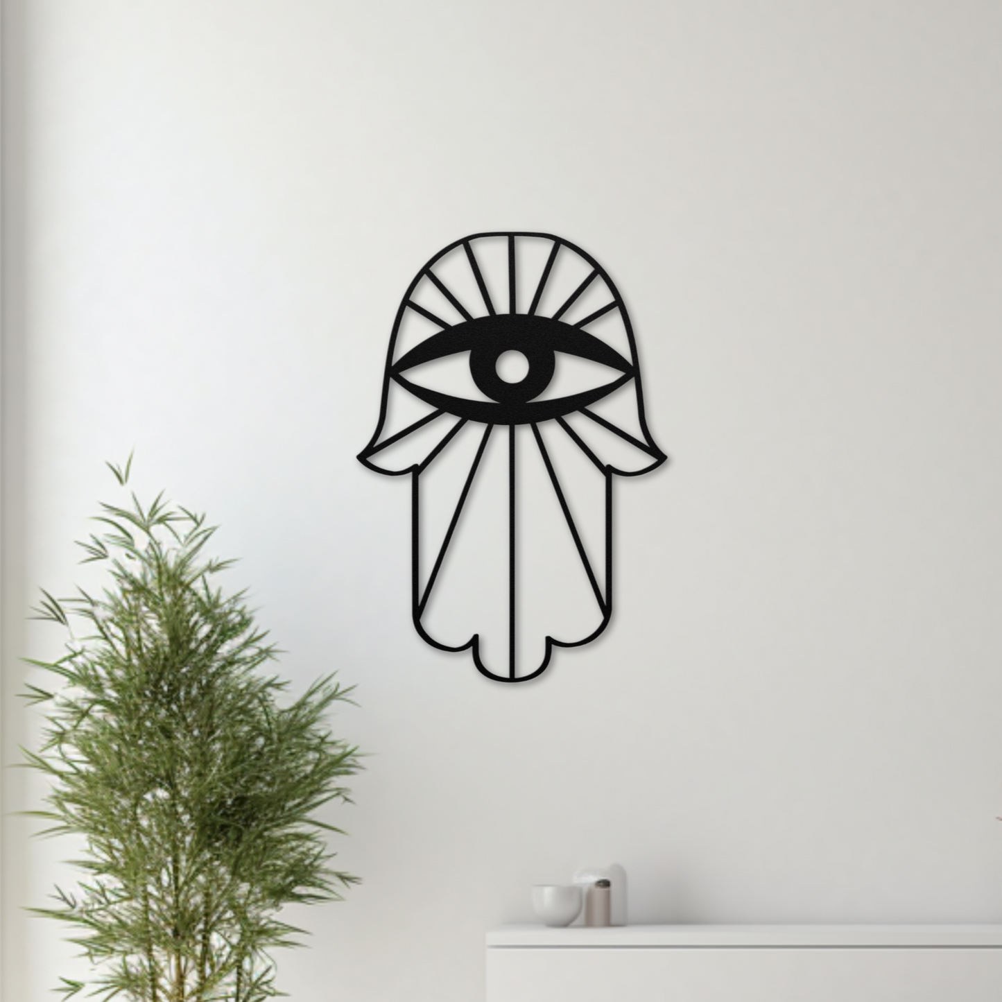 A metal sign of a Hamsa with an evil eye