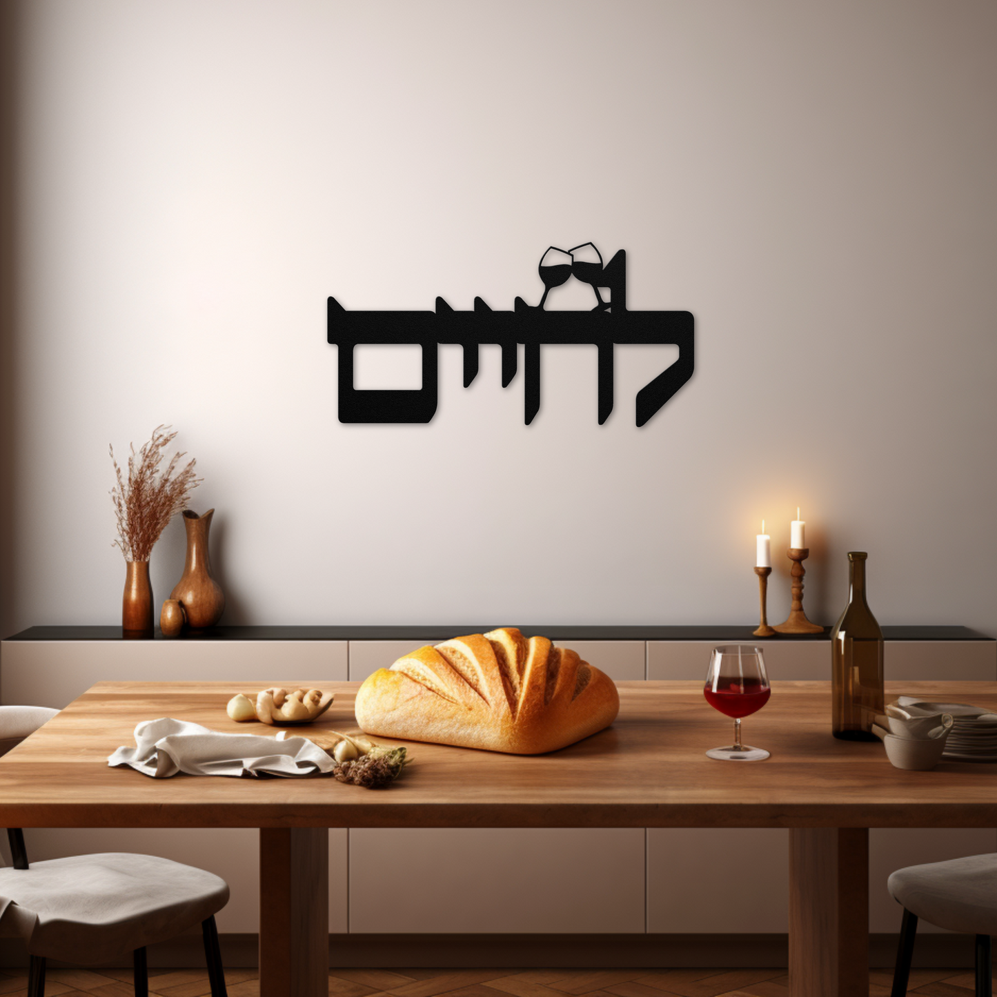 A Hebrew metal sign "to life" (L'chaim) with wine glasses