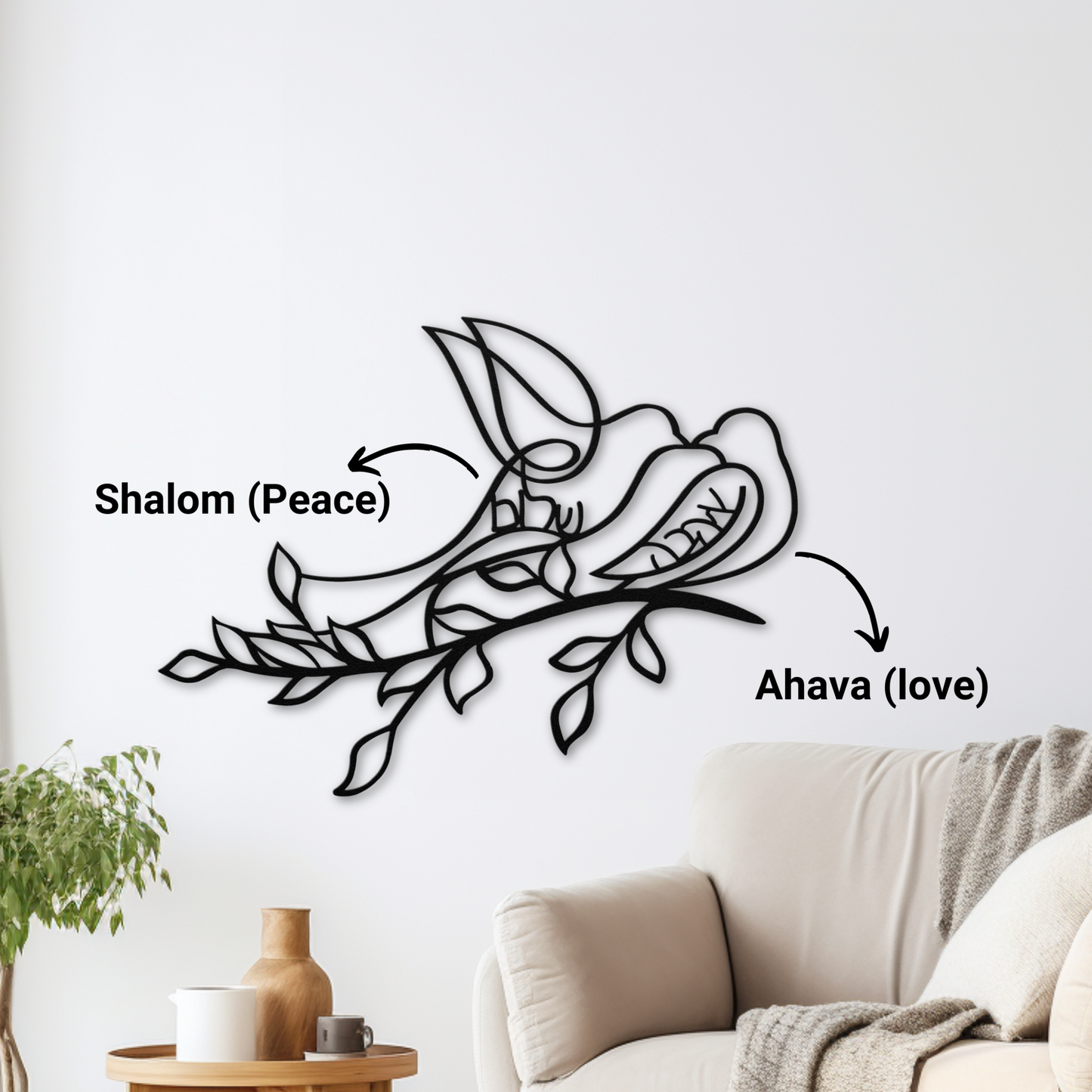 Two birds perched on a branch with the Hebrew words love (Ahava) and peace(Shalom)