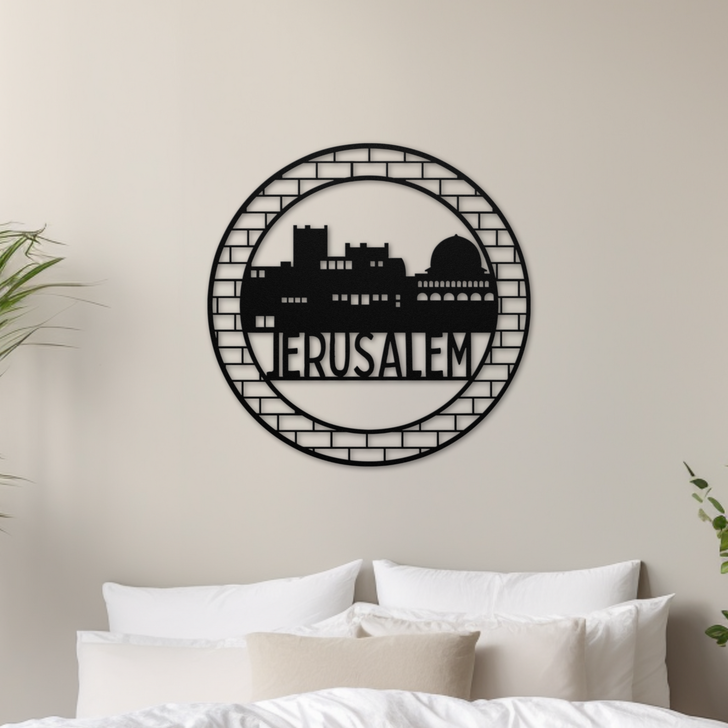 Jerusalem metal sign within a circle of walls