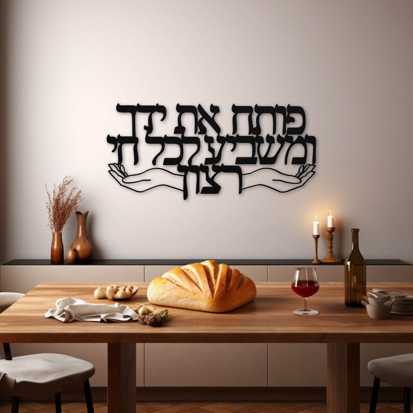 A Hebrew metal sign "You open your hand and satisfy the desire of every living thing"