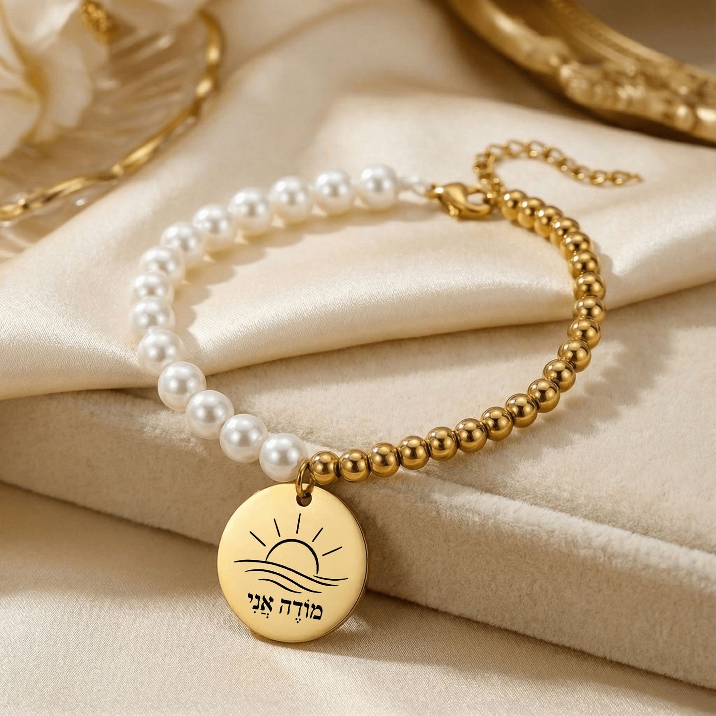 I Am Grateful -“Modeh Ani” Pearl & Gold Beads Coin Bracelet