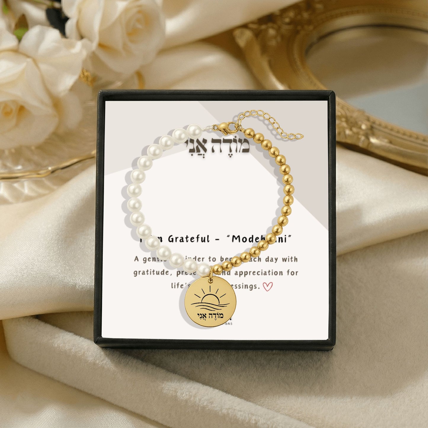 I Am Grateful -“Modeh Ani” Pearl & Gold Beads Coin Bracelet